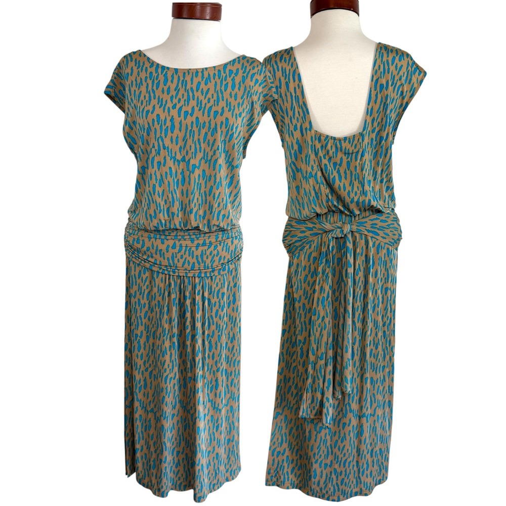 Tracy Reese Animal Print Midi Dress Tan Blue Draped Waist‎ Back Tie Boho Indie S
